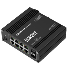 Teltonika TSW202 8 Ports Industrial L2+ Managed PoE Switch, 2 SFP Uplinks, Supports ProfiNET, EtherNet/IP, MRP, for Industrial Automation, IP Surveillance, and Networking