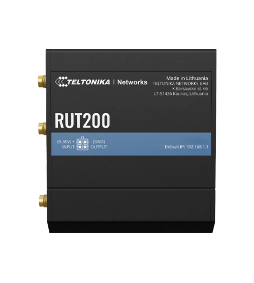 Teltonika RUT200 Industrial Cellular Router, 4G/LTE (Cat 4), 3G, 2G / 802.11n Wi-Fi Connectivity, up to 150 Mbps Speed 2 x Ethernet Ports, I/O Digital Input/Output, RMS Compatible, Black | RUT200