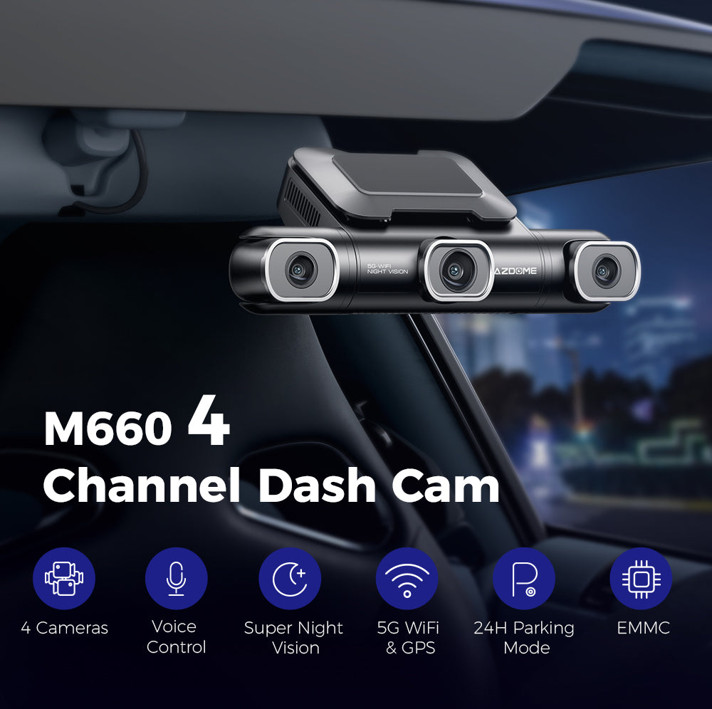 كاميرا داش AZDOME 360°، 4 قنوات، 4 عدسات قابلة للتعديل، 128GB eMMC، دقة 2K+1080P*3، WiFi 5G، رؤية ليلية بالأشعة تحت الحمراء، وضع انتظار السيارات، موديل M660.