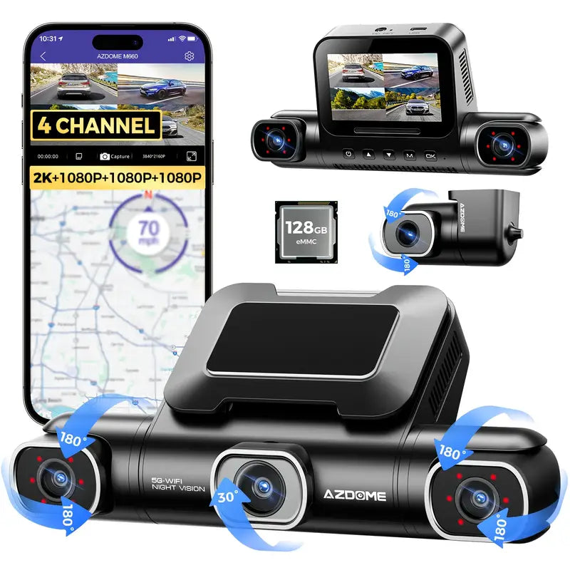 كاميرا داش AZDOME 360°، 4 قنوات، 4 عدسات قابلة للتعديل، 128GB eMMC، دقة 2K+1080P*3، WiFi 5G، رؤية ليلية بالأشعة تحت الحمراء، وضع انتظار السيارات، موديل M660.