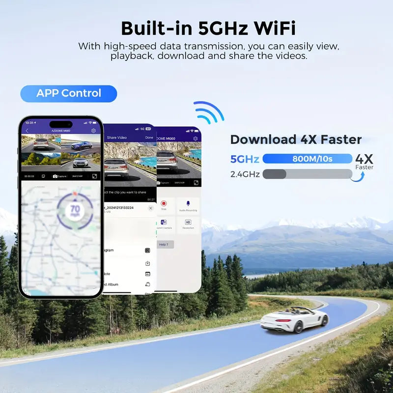كاميرا داش AZDOME 360°، 4 قنوات، 4 عدسات قابلة للتعديل، 128GB eMMC، دقة 2K+1080P*3، WiFi 5G، رؤية ليلية بالأشعة تحت الحمراء، وضع انتظار السيارات، موديل M660.