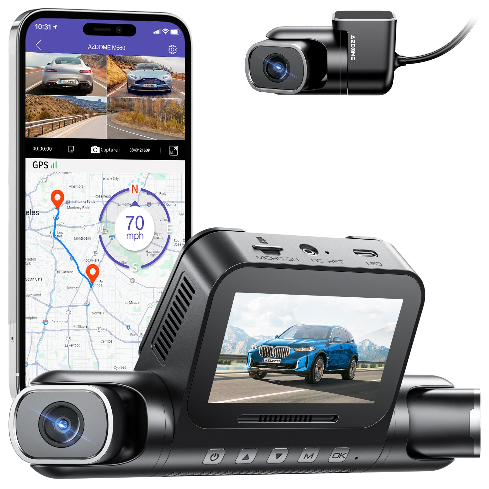 كاميرا داش AZDOME 360°، 4 قنوات، 4 عدسات قابلة للتعديل، 128GB eMMC، دقة 2K+1080P*3، WiFi 5G، رؤية ليلية بالأشعة تحت الحمراء، وضع انتظار السيارات، موديل M660.