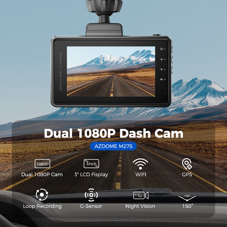 AZDOME M27, 2K Dash Cam, Built in WiFi, Dashboard Camera with QHD 2560x1440P,  with 3" Display, WDR, Night Vision, Parking Monitor, G-Sensor