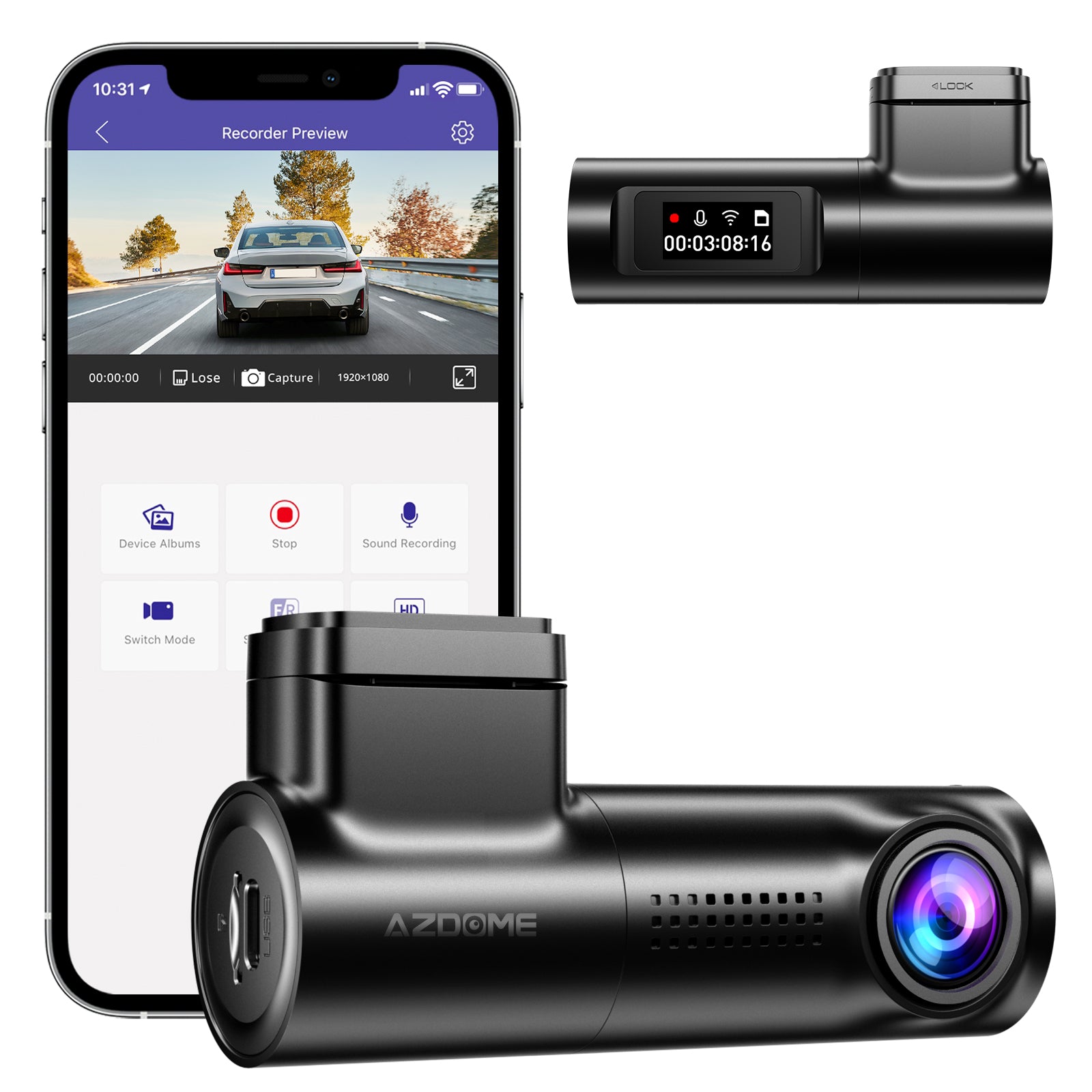 AZDOME M330 1080P FHD Dash Cam, Built-in WiFi, GPS, 0.96" Screen, Super Capacitor, Night Vision, G-Sensor, Parking Monitor, Loop Recording