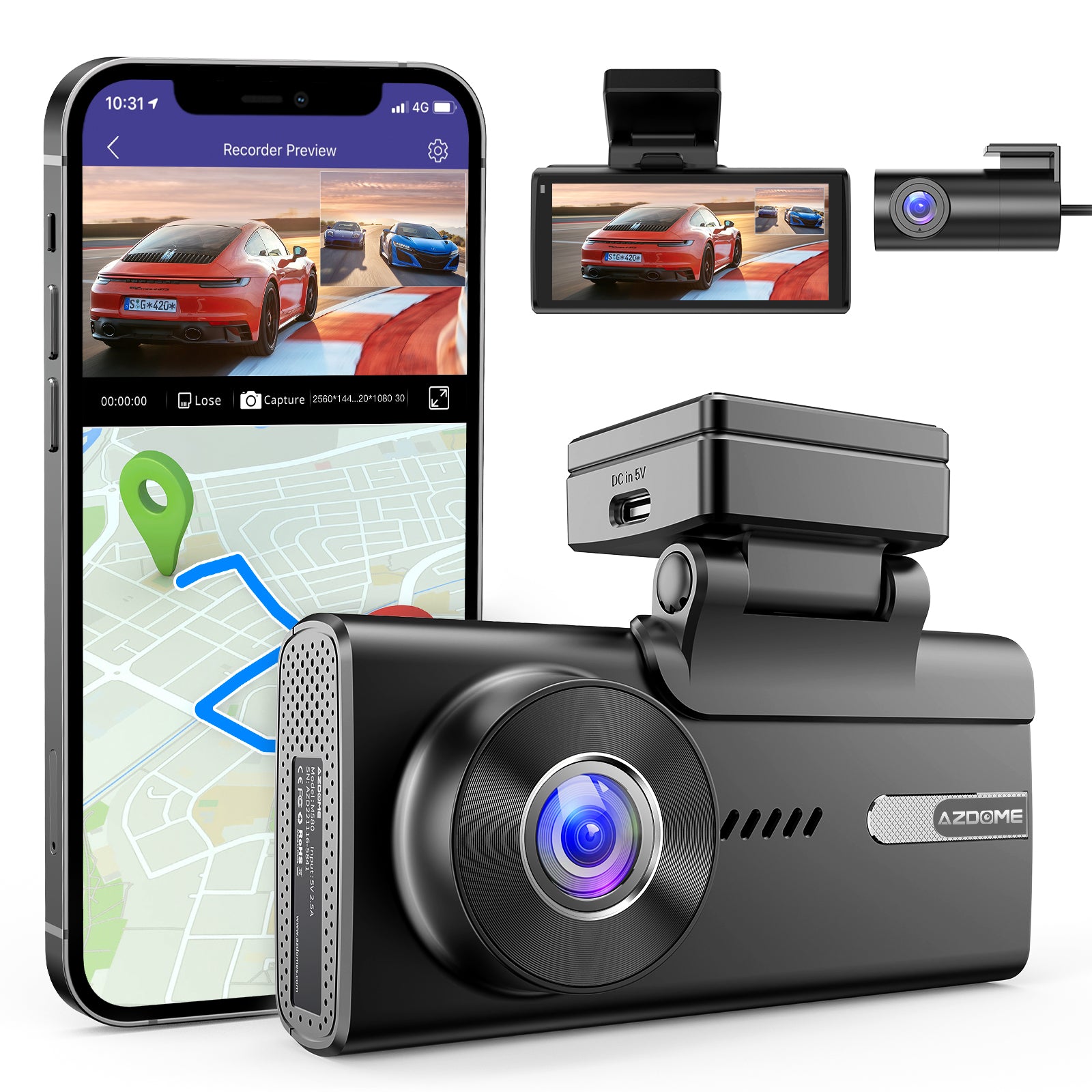 AZDOME M580-2CH 5K 5GHz WiFi Dash Cam Front and Rear, 4 Inch Touchscreen , Free 64GB Card, 4K+1080P GPS WDR Night Vision 24H  Parking Monitor