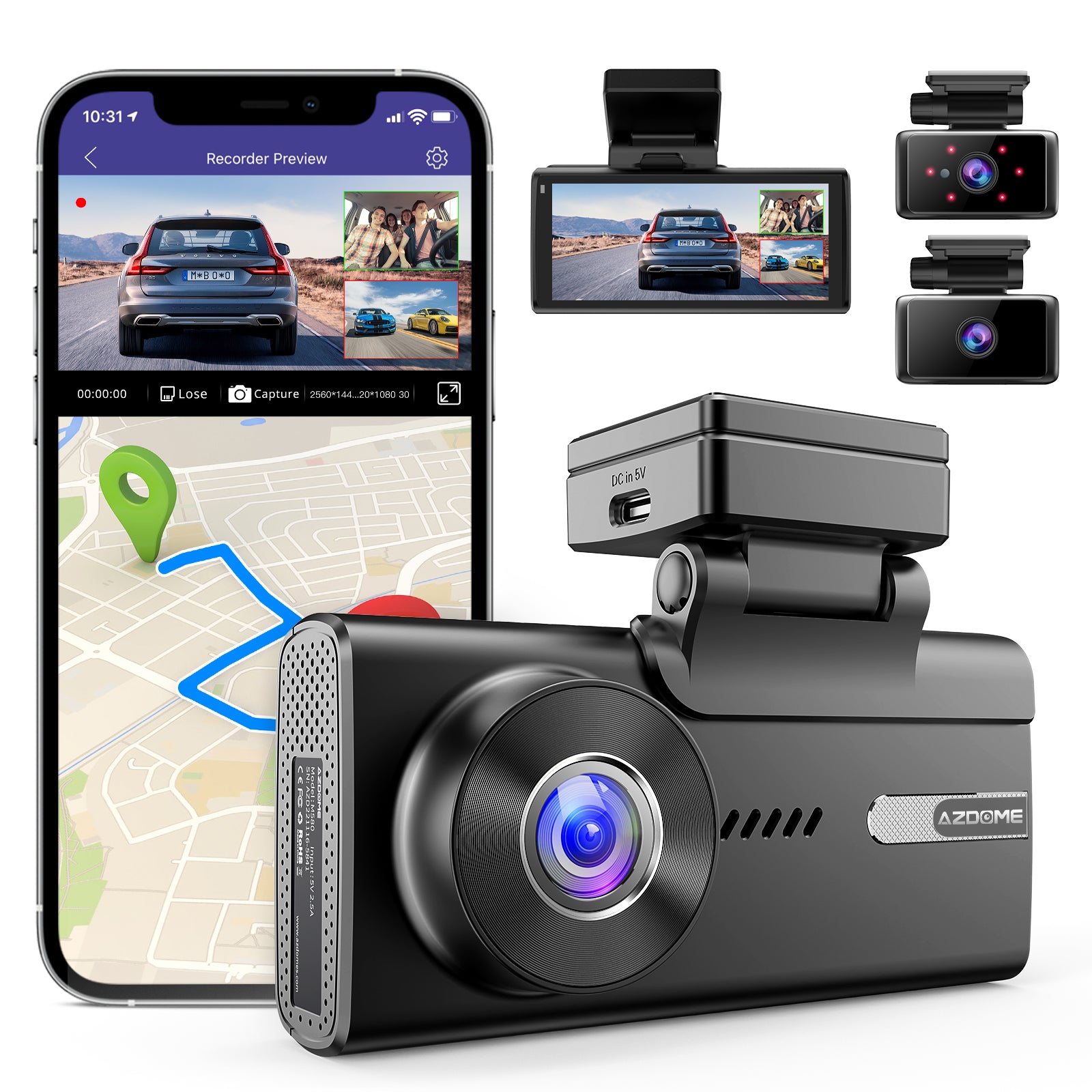 AZDOME M580 ,5K 5GHz WiFi 3 Channel Dash Cam, 4 Inch Touchscreen, Free 64GB Card Dash Camera 4K+1080P GPS WDR Night Vision 24H Parking Monitor, Support upto 256GB Memory