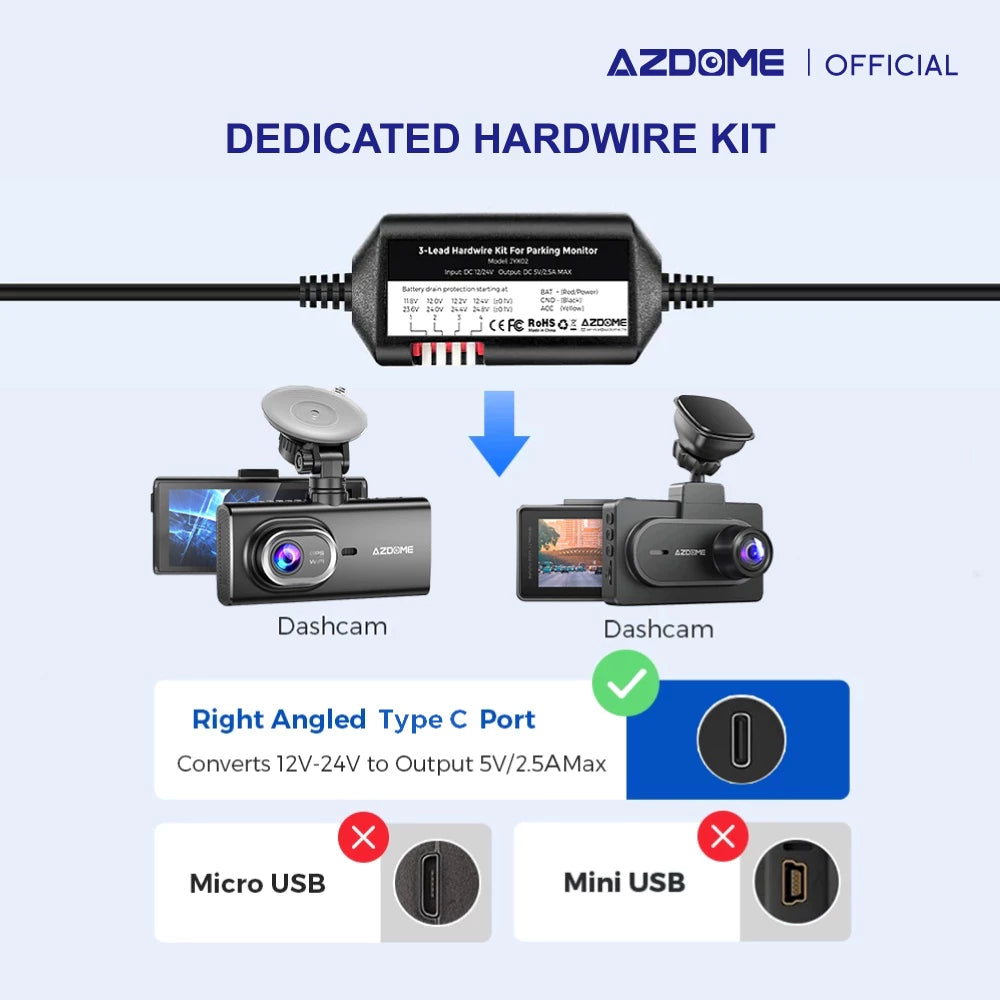 AZDOME HT03 , 3-Lead Acc Hardwire Kit Type C Port, 12ft with Fuse Kit, for Dash Camera 24H Parking Monitor Mode, Converts 12V-24V to Output 5V/2.5A Max