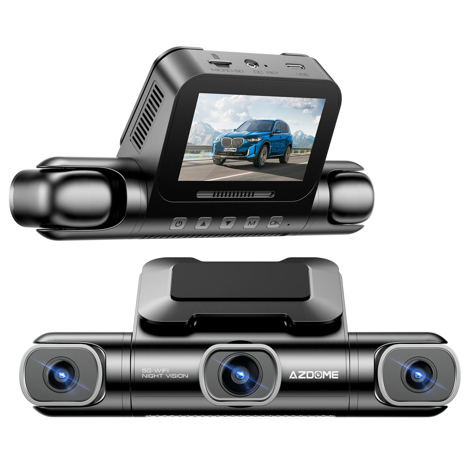 كاميرا داش AZDOME 360°، 4 قنوات، 4 عدسات قابلة للتعديل، 128GB eMMC، دقة 2K+1080P*3، WiFi 5G، رؤية ليلية بالأشعة تحت الحمراء، وضع انتظار السيارات، موديل M660.