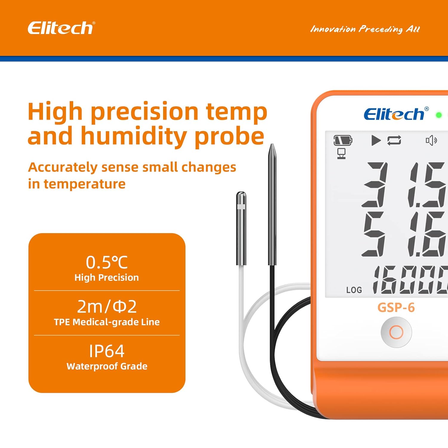 Elitech GSP-6 Pro Digital Temperature And Humidity Data Logger Detachable Dual Probes -40℉ To 158℉