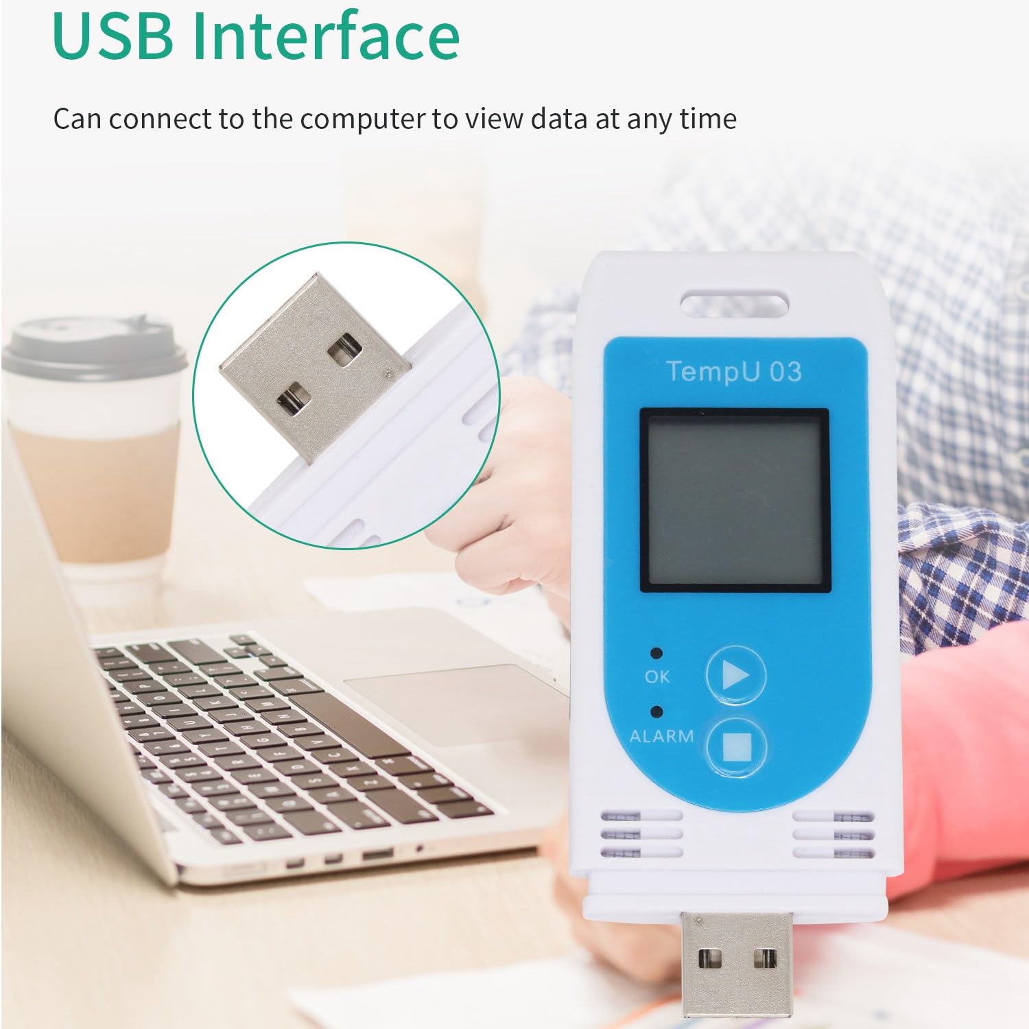 TZ-TempU03  Tzone Digital Temperature Humidity Data Logger USB Reusable Temp Recorder with PDF&CSV Reports, Thermometer Recording Humidity Logger with Probe for Freezer Food Storage Cold Chain 34560 Points