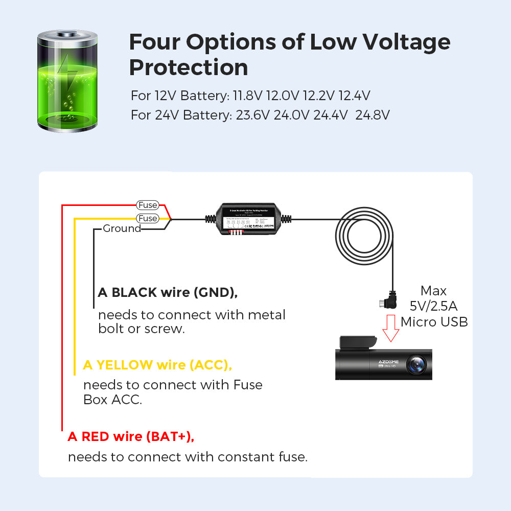 AZDOME JYX04 Car DVR HardWire Kit For M300S M300 Low Vol Protection Micro USB Port ACC Power Cable 12V-24V in 5V3A Out