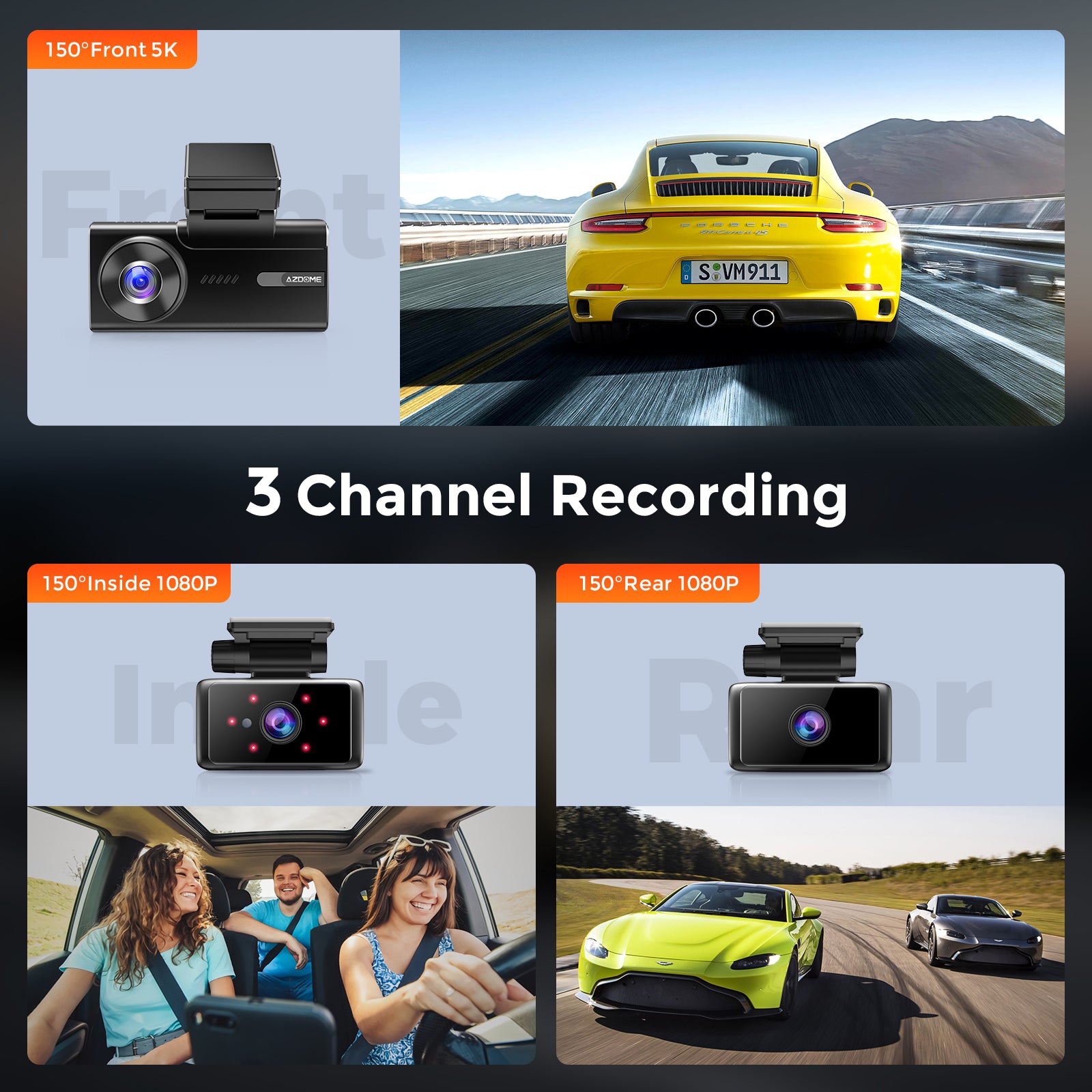 AZDOME M580 ,5K 5GHz WiFi 3 Channel Dash Cam, 4 Inch Touchscreen, Free 64GB Card Dash Camera 4K+1080P GPS WDR Night Vision 24H Parking Monitor, Support upto 256GB Memory