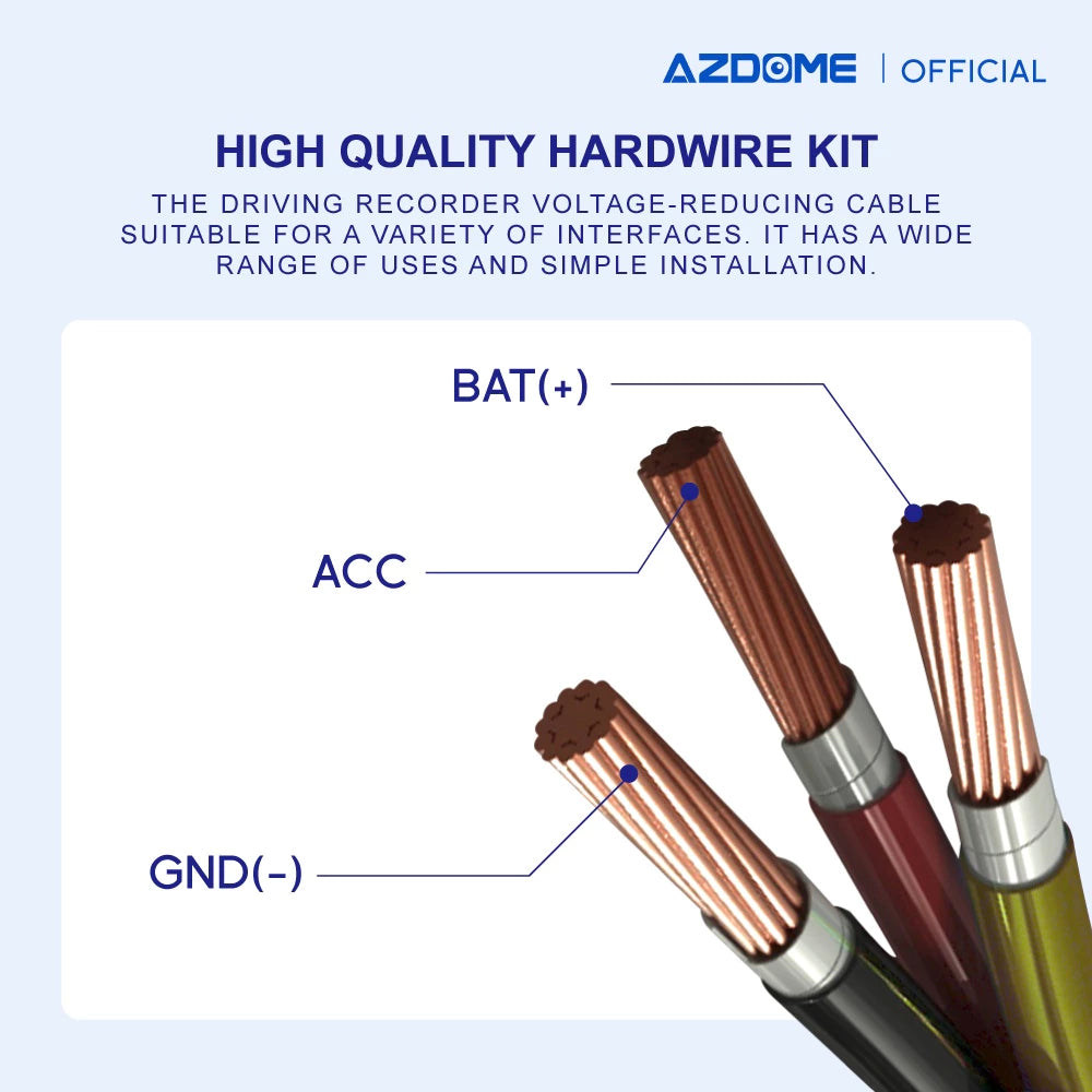 AZDOME HT03 , 3-Lead Acc Hardwire Kit Type C Port, 12ft with Fuse Kit, for Dash Camera 24H Parking Monitor Mode, Converts 12V-24V to Output 5V/2.5A Max