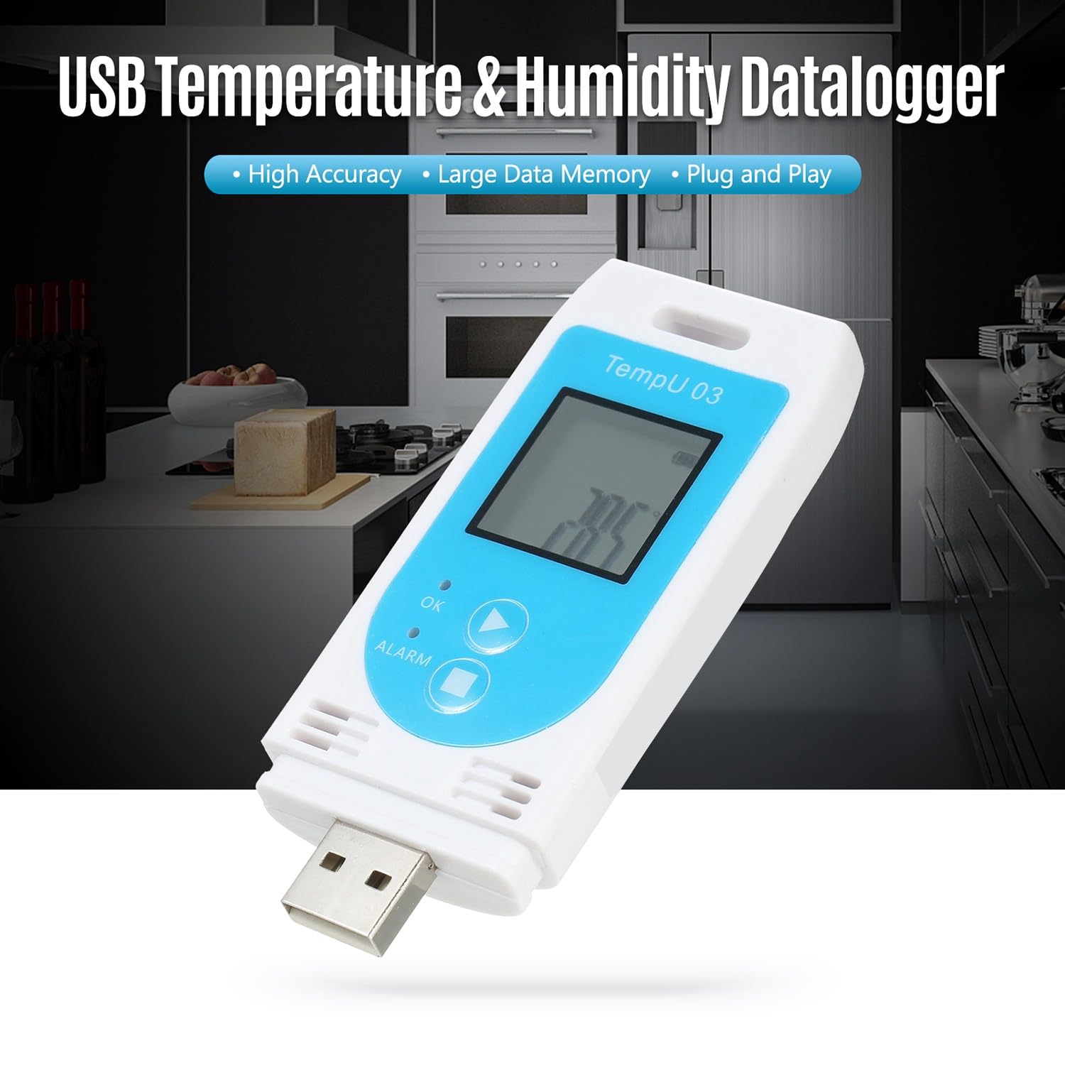 TZ-TempU03  Tzone Digital Temperature Humidity Data Logger USB Reusable Temp Recorder with PDF&CSV Reports, Thermometer Recording Humidity Logger with Probe for Freezer Food Storage Cold Chain 34560 Points