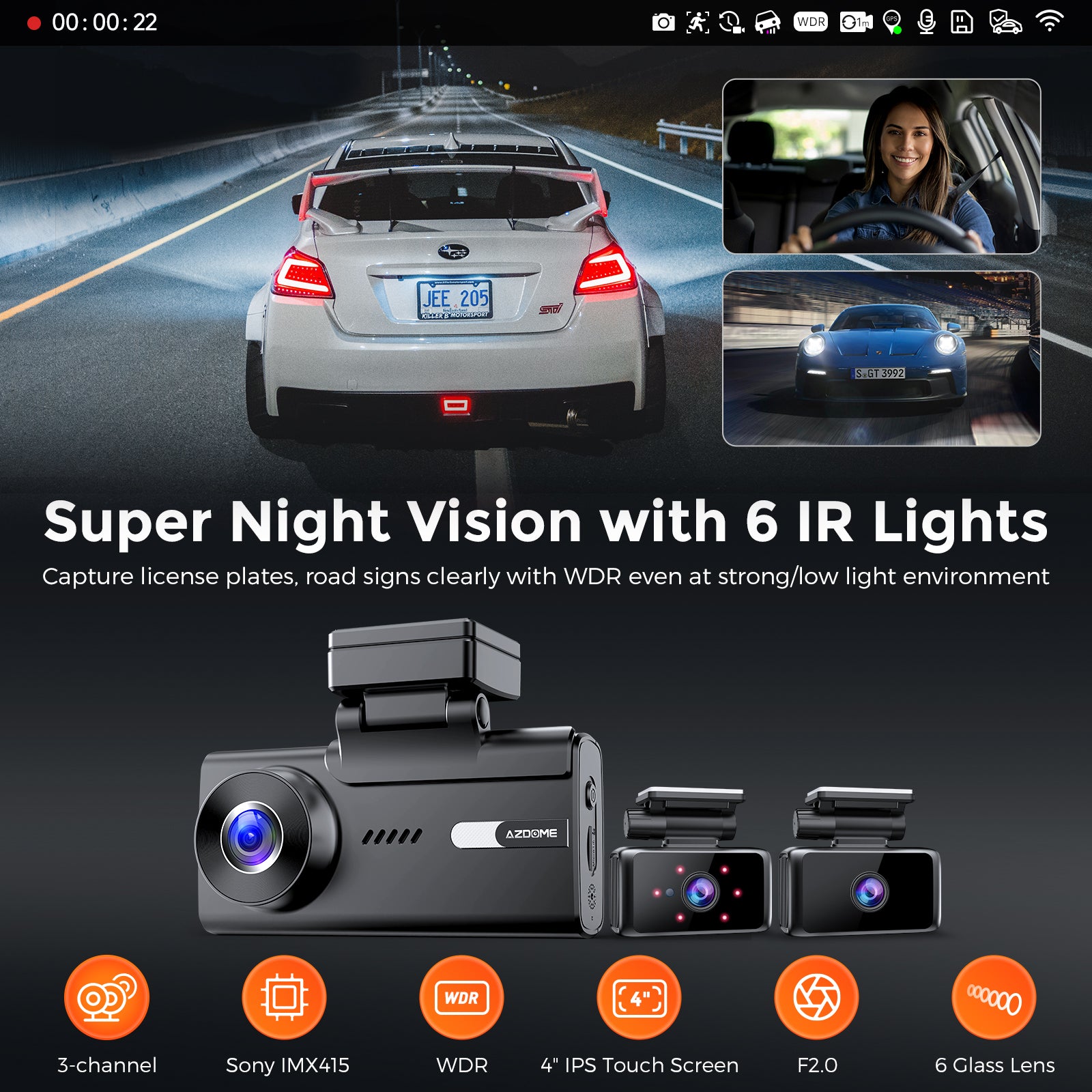 AZDOME M580 ,5K 5GHz WiFi 3 Channel Dash Cam, 4 Inch Touchscreen, Free 64GB Card Dash Camera 4K+1080P GPS WDR Night Vision 24H Parking Monitor, Support upto 256GB Memory