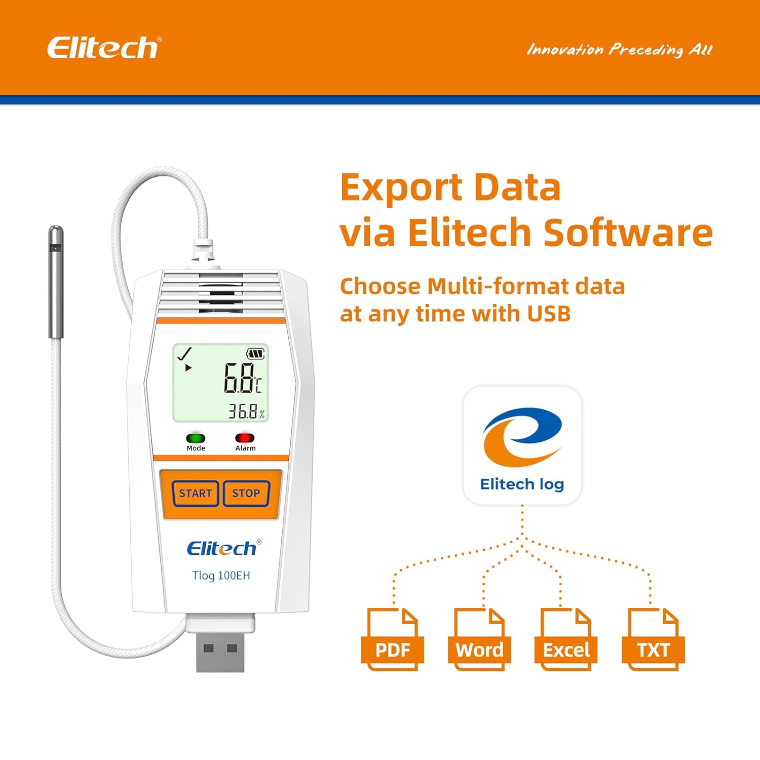 Elitech Tlog 100EH Digital Temperature Humidity Data Logger Reusable Temperature Recorder PDF Report USB Port 32000 Points with External Temperature and Humidity Probe