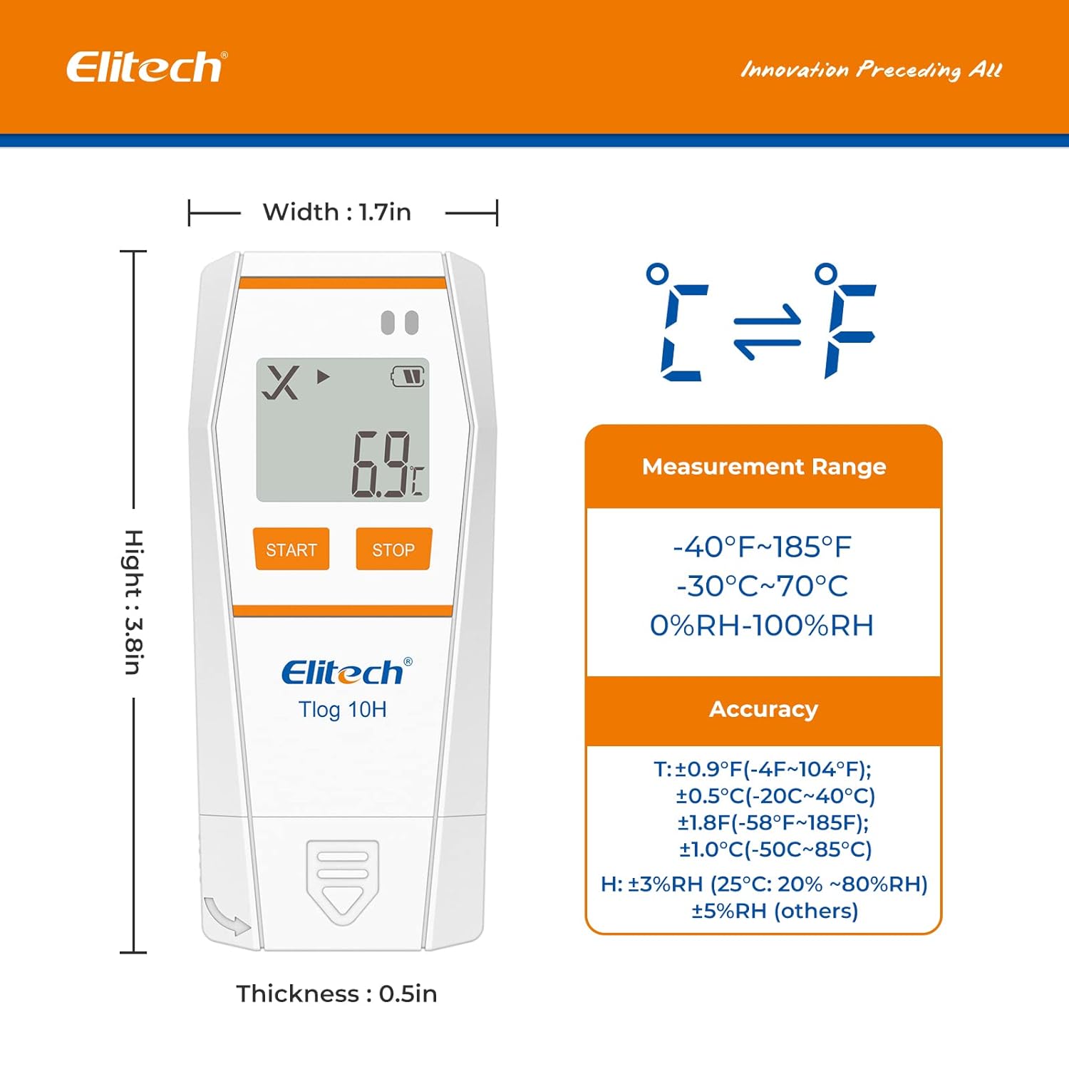 Elitech Tlog 10H Digital Temperature Data Logger Reusable Temperature Recorder PDF Report USB Port 32000 Points,