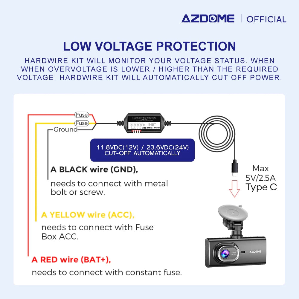 AZDOME HT03 , 3-Lead Acc Hardwire Kit Type C Port, 12ft with Fuse Kit, for Dash Camera 24H Parking Monitor Mode, Converts 12V-24V to Output 5V/2.5A Max