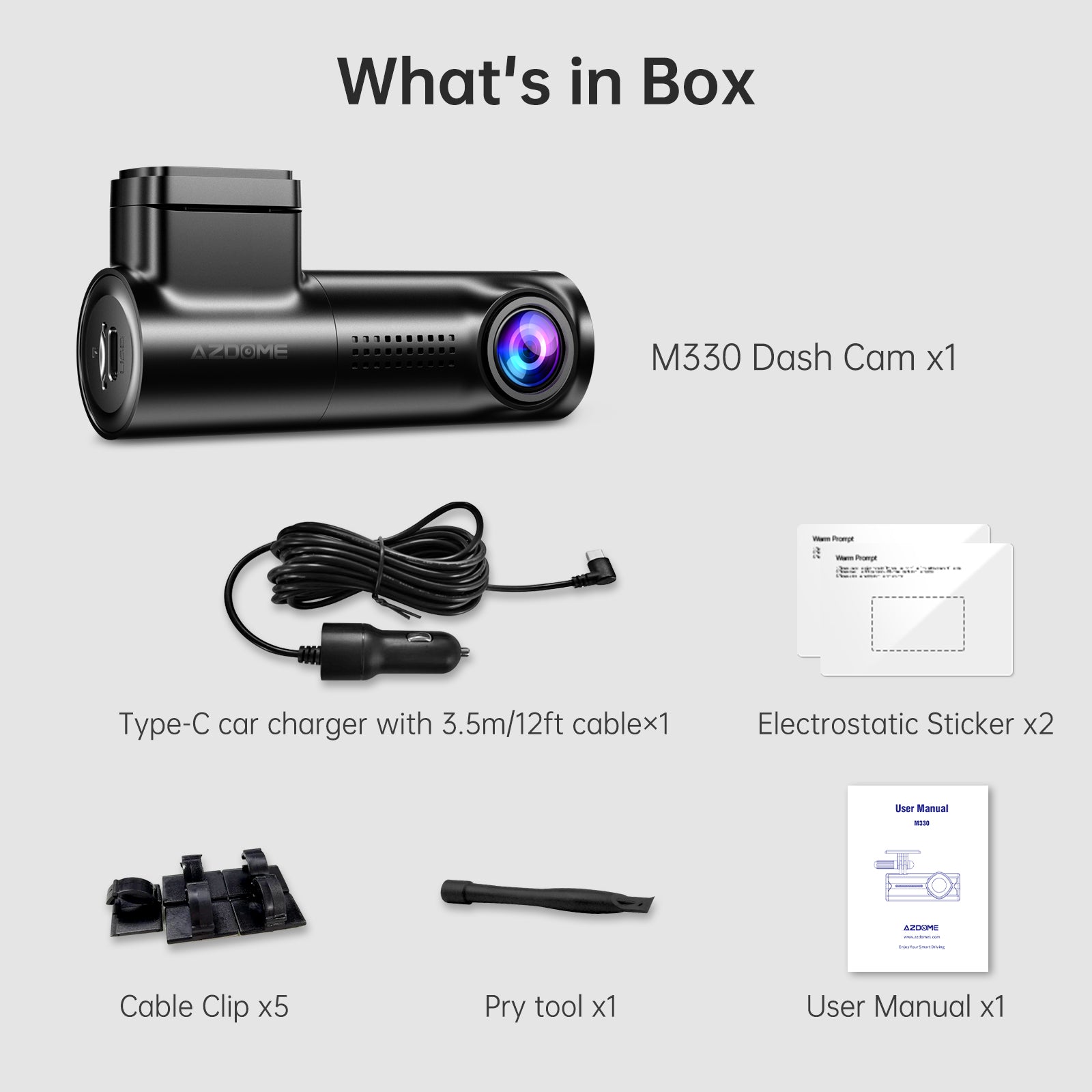 AZDOME M330 1080P FHD Dash Cam, Built-in WiFi, GPS, 0.96" Screen, Super Capacitor, Night Vision, G-Sensor, Parking Monitor, Loop Recording