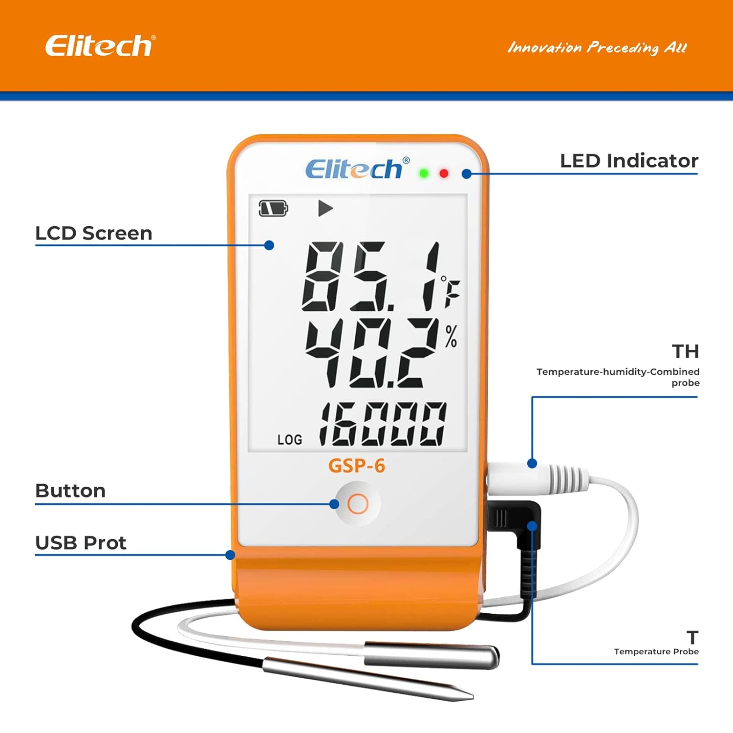 Elitech GSP-6 Pro Digital Temperature And Humidity Data Logger Detachable Dual Probes -40℉ To 158℉