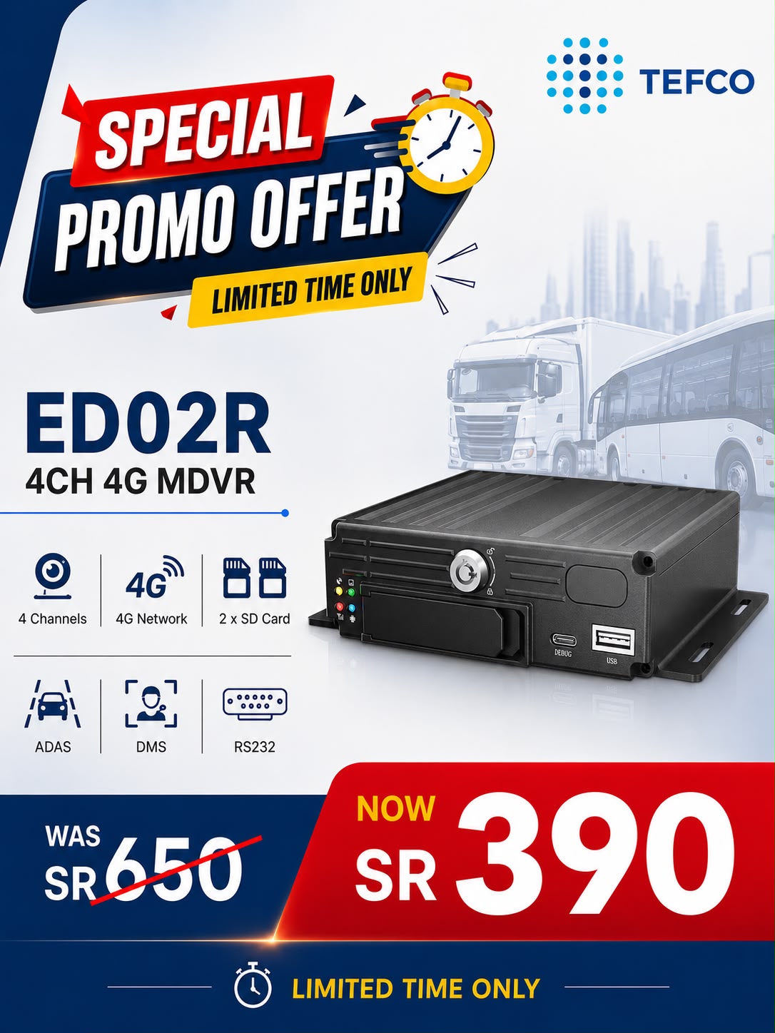 [BSJ-ED02R] 4CH 4G MDVR 2*SD Card ADAS , DMS, RS232