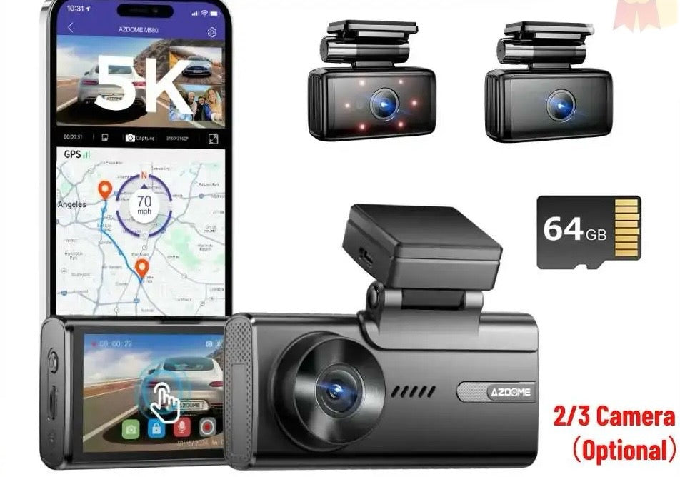 AZDOME M580 ,5K 5GHz WiFi 3 Channel Dash Cam, 4 Inch Touchscreen, Free 64GB Card Dash Camera 4K+1080P GPS WDR Night Vision 24H Parking Monitor, Support upto 256GB Memory