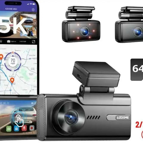 AZDOME M580 ,5K 5GHz WiFi 3 Channel Dash Cam, 4 Inch Touchscreen, Free 64GB Card Dash Camera 4K+1080P GPS WDR Night Vision 24H Parking Monitor, Support upto 256GB Memory