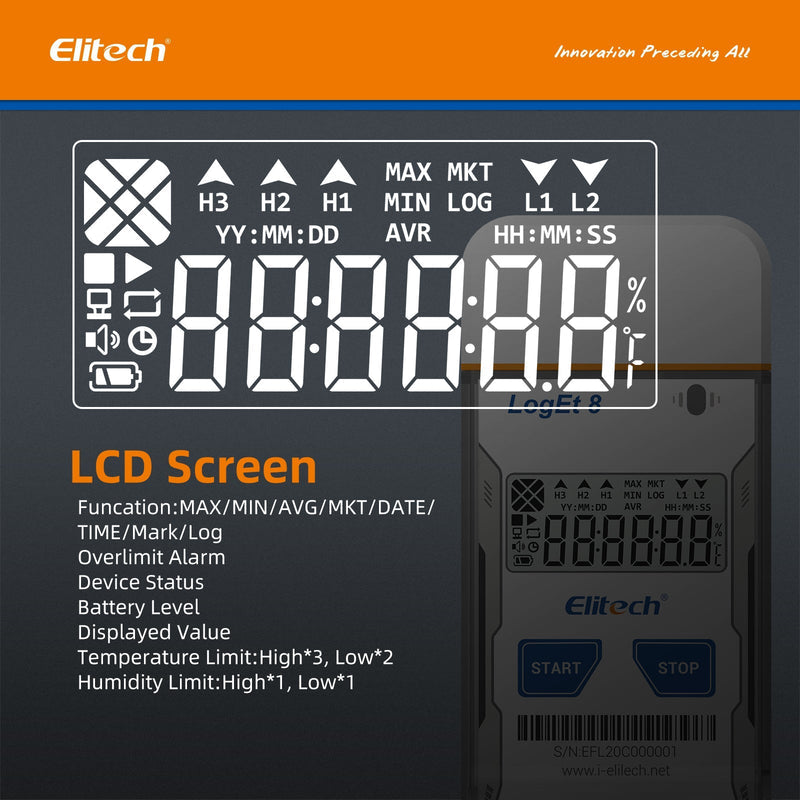 Elitech LogEt 8 THE Temperature and Humidity Data Logger Reusable PDF Report USB Port External Sensor 16000 Points