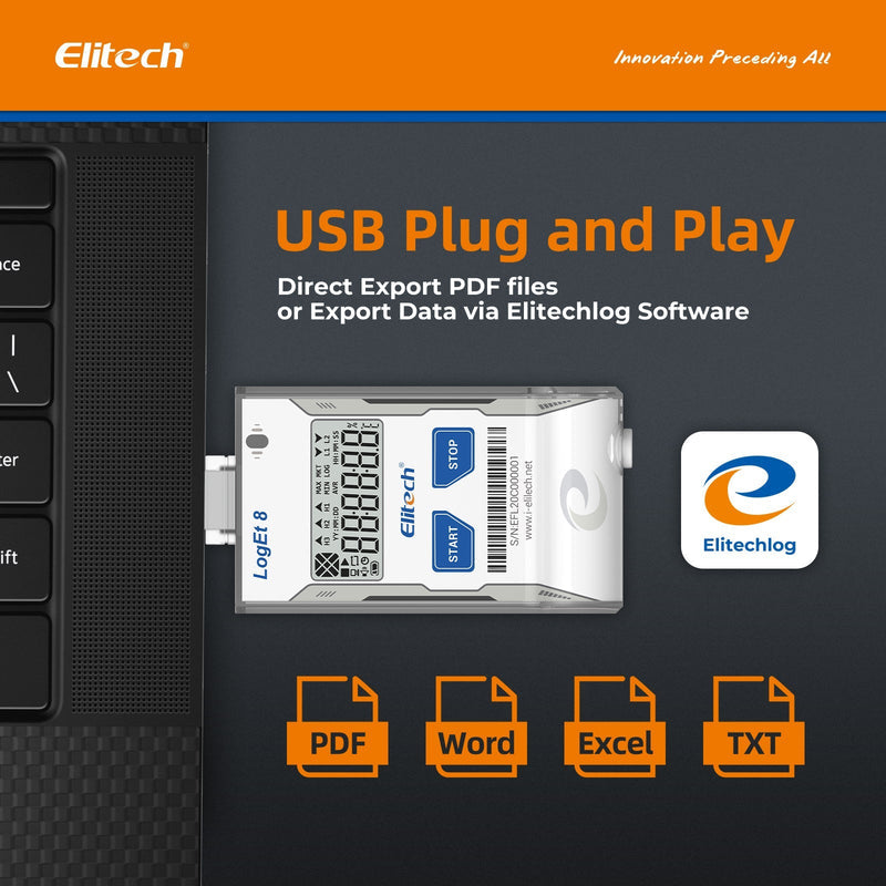 Elitech LogEt 8 THE Temperature and Humidity Data Logger Reusable PDF Report USB Port External Sensor 16000 Points