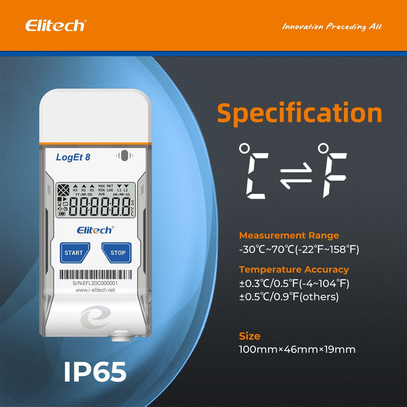 Elitech LogEt 8 THE Temperature and Humidity Data Logger Reusable PDF Report USB Port External Sensor 16000 Points