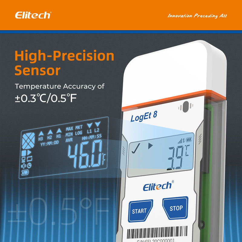Elitech LogEt 8 THE Temperature and Humidity Data Logger Reusable PDF Report USB Port External Sensor 16000 Points