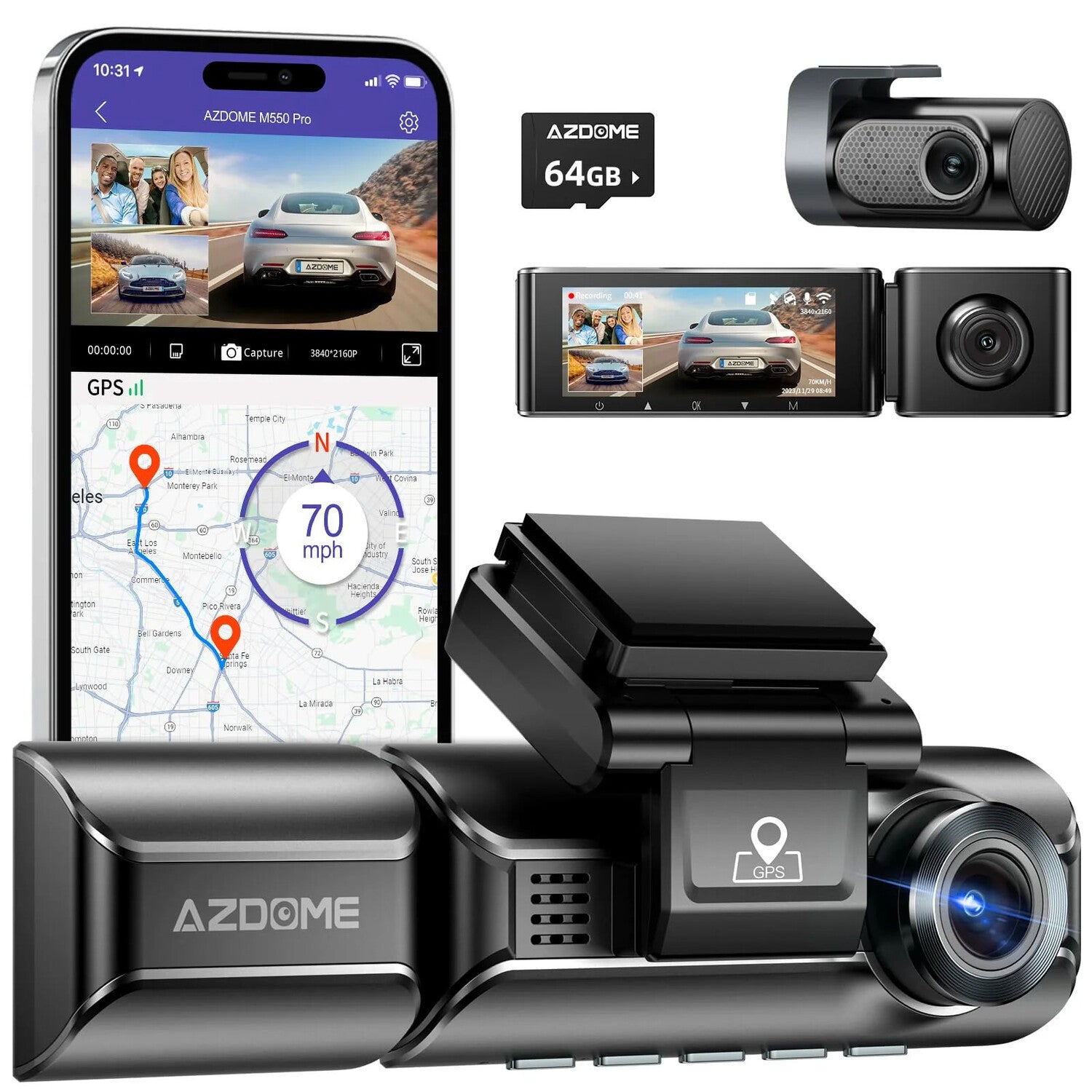 AZDOME M550 3 Channel Dash Cam, Front Inside Rear Three Way Car Dash Camera, 4K+1080P Dual Channel With GPS WiFi IR Night Vision