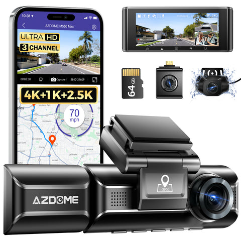 AZDOME M550 MAX 3 Channel Dash Cam, Front Inside Rear Three Way Car Dash Camera, 4K+1080P Dual Channel With GPS WiFi IR Night Vision