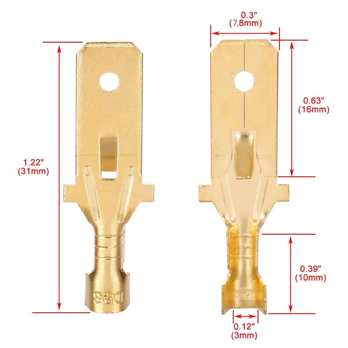 Electrical wire Terminal Connector 6.3mm 12-10 male non-insulated bare 100Pcs