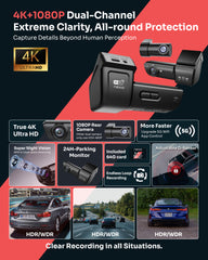 NEXIO N8 4K Dual Dash Cam, Front 4K + Rear 1080P, Built-in GPS & 5.8GHz Wi-Fi, G-Sensor, 24-Hour Parking Monitor, Wide Angle Front & Rear, Supports Up to 256GB