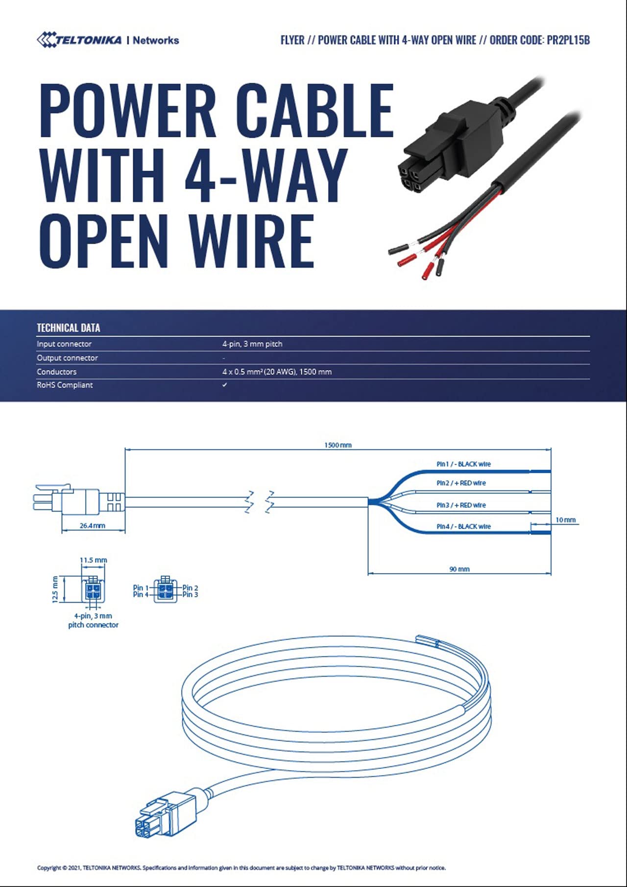 TELTONIKA PR2PL15B Power Cable with 4-Way Open Wire