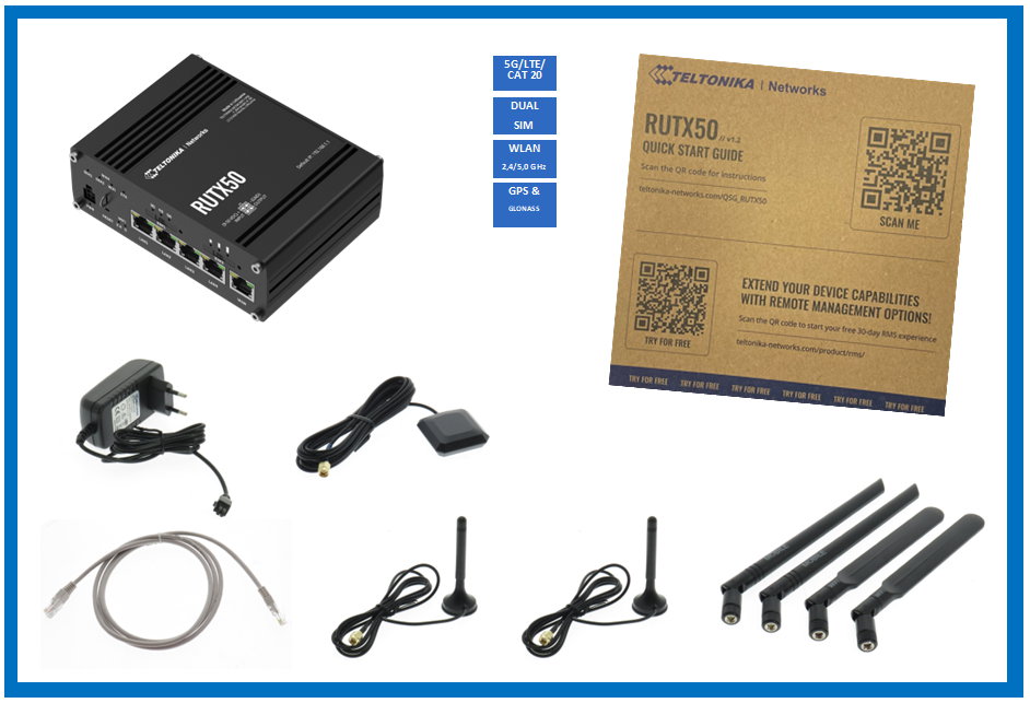 Teltonika RUTX50 5G Router: Dual Sim, WiFi 5, LTE CAT 20, 3.3 Gbps Speeds, Up to 150 Clients, SA & NSA Architectures, Low Latency. | RUTX50