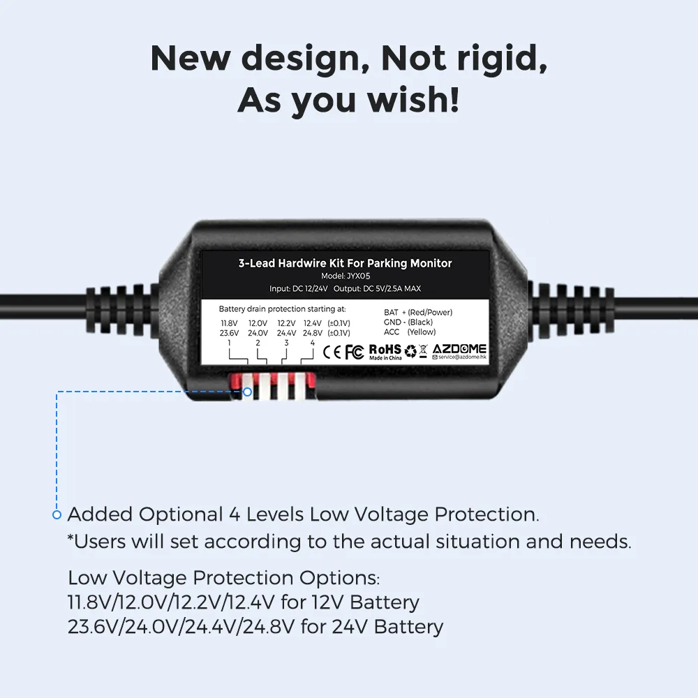 Azdome JYX05 Hardwire Kit with Type-C Port For GS63Pro/M27/M560/M580 Low Vol Protection 12V-24V in 5V2.5A out