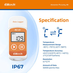 Elitech RC5+ Multi-Use Temperature Data Logger|Thermal Mapping|Area Mapping|(Range: -22°F to 158°F) for Vaccine, Biolab, Hatchery,Cold Chain, Hatchery, Refeer Truck, Cargo