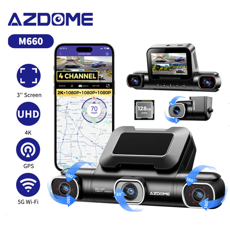 كاميرا داش AZDOME 360°، 4 قنوات، 4 عدسات قابلة للتعديل، 128GB eMMC، دقة 2K+1080P*3، WiFi 5G، رؤية ليلية بالأشعة تحت الحمراء، وضع انتظار السيارات، موديل M660.