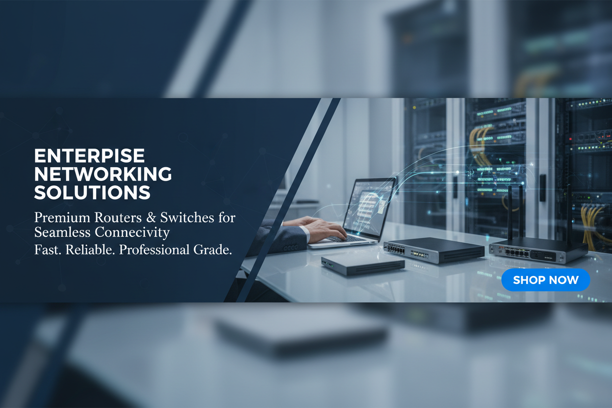 Router & Switches category and I am developing my store and I need a banner. Please have a professional prepare a banner with practical life and give it to me. Write professional text on it. FONT should be 'Playfair Display for main heading and Libre Baskerville font for sub heading ' I am sending you a photo which you have to add to the banner and this is the size of the banneer the size ' height: 1890 px width: 3780 px shop now button plz make a best promet to get best banner