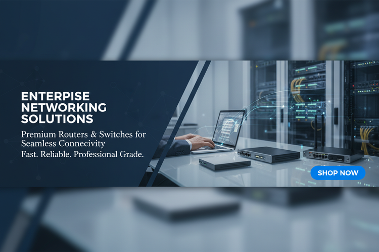 Router & Switches category and I am developing my store and I need a banner. Please have a professional prepare a banner with practical life and give it to me. Write professional text on it. FONT should be 'Playfair Display for main heading and Libre Baskerville font for sub heading ' I am sending you a photo which you have to add to the banner and this is the size of the banneer the size ' height: 1890 px width: 3780 px shop now button plz make a best promet to get best banner