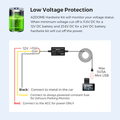 AZDOME HW03L Car DVR HardWire Kit For M300/M300S Low Vol Protection Micro USB Port 12V-24V in 5V3A Out