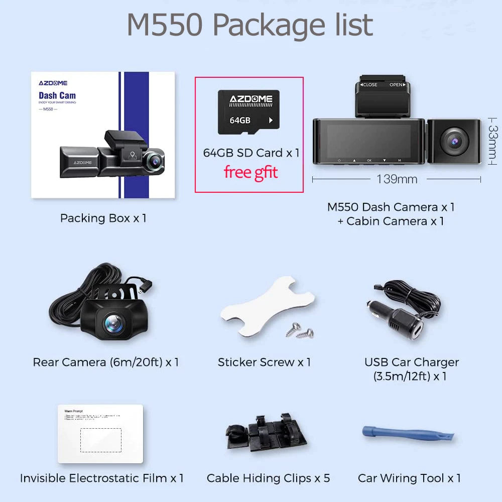 AZDOME M550Pro 3 Channel Dash Cam 64GB memory card free, Front Inside Rear Three Way Car Dash Camera, 4K+1080P Dual Channel With GPS WiFi IR Night Vision